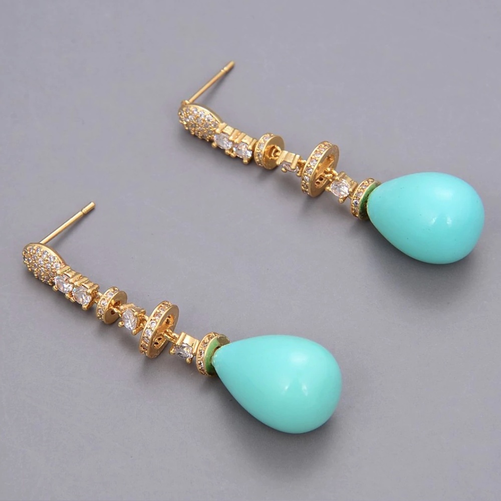 IRIS APFEL Teal Dangle Sea Blue Aquamarine Natural Stone Drop Long Earrings - Picture 9 of 13